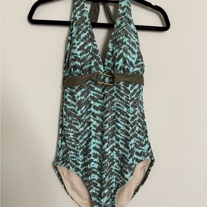 Blue and Brown Chevron One Piece Swimsuit Size 14